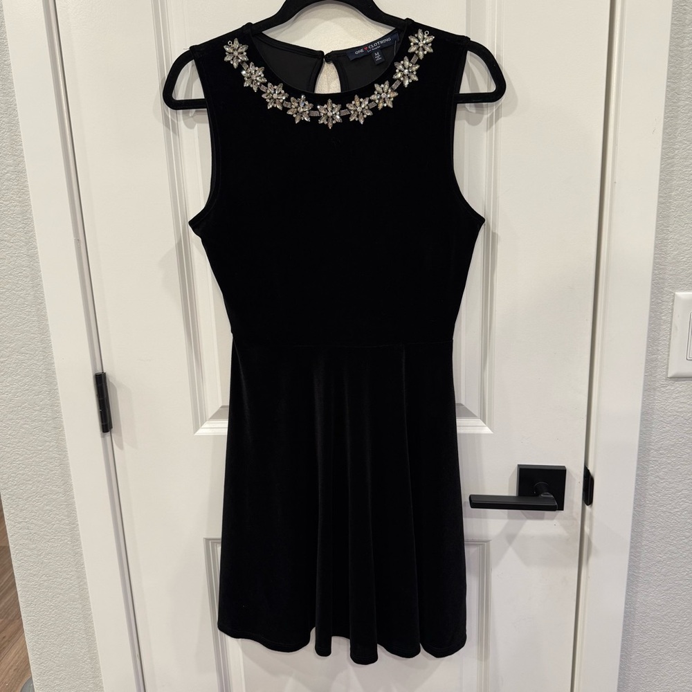 One Clothing Black Velvet Mini Dress with Floral Rhinestone Embellishments